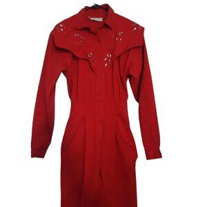 Vintage 80s Romper Jumpsuit Coveralls Womens M Red Straight Leg Studded Pockets